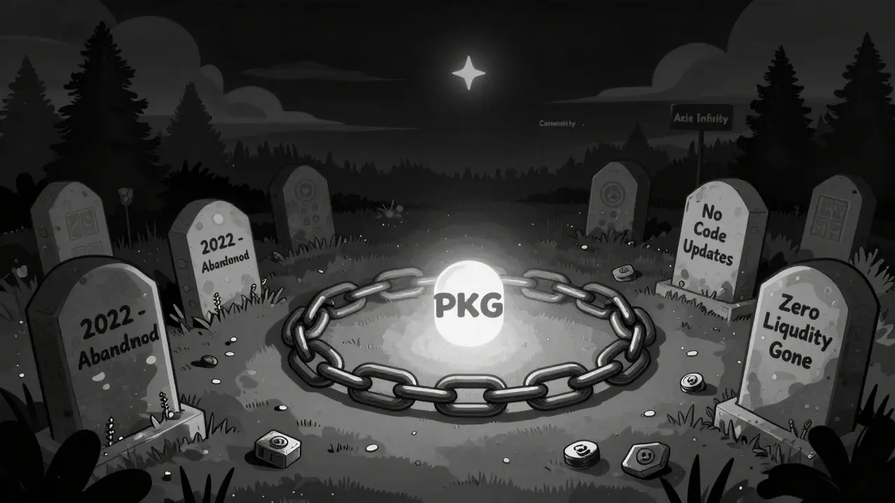 Cementerio de contratos blockchain con la dirección PKG brillando débilmente entre lápidas.