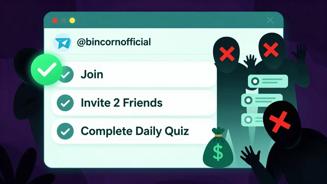 Chat de Telegram oficial de Bunicorn con tareas y figuras de estafadores rechazadas.