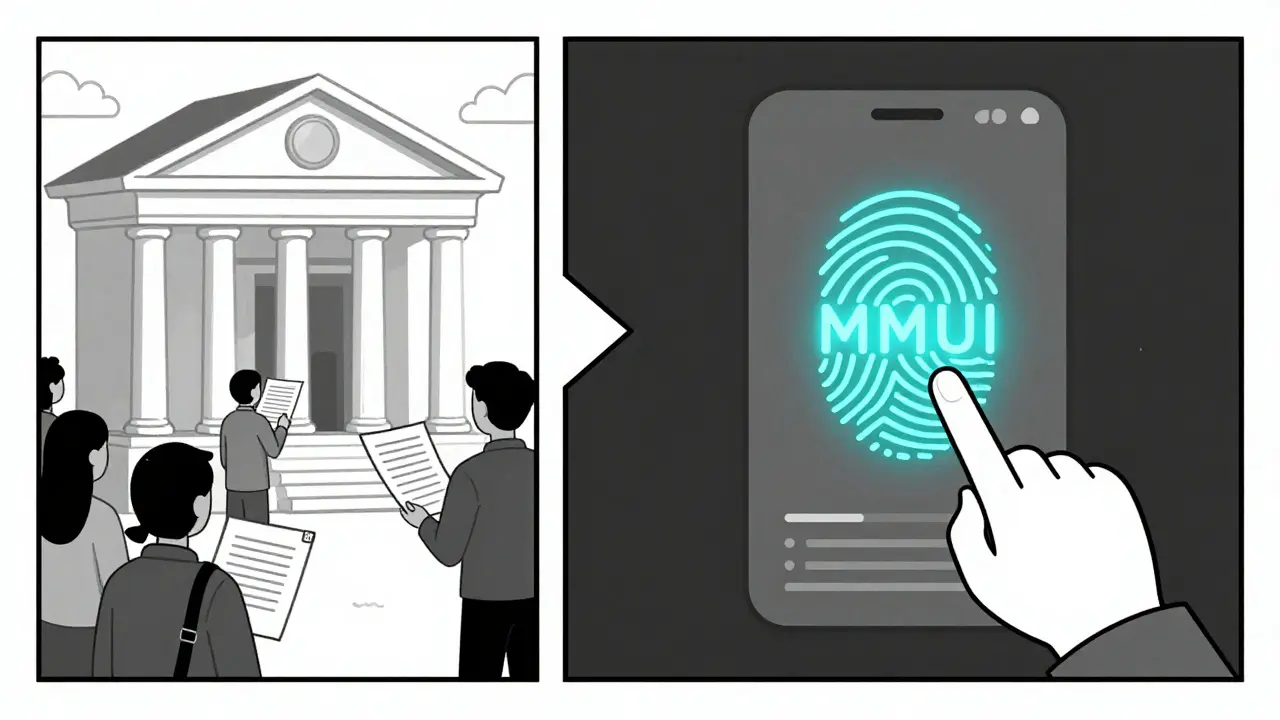 Comparación entre un banco tradicional y una identidad digital activada con una huella.