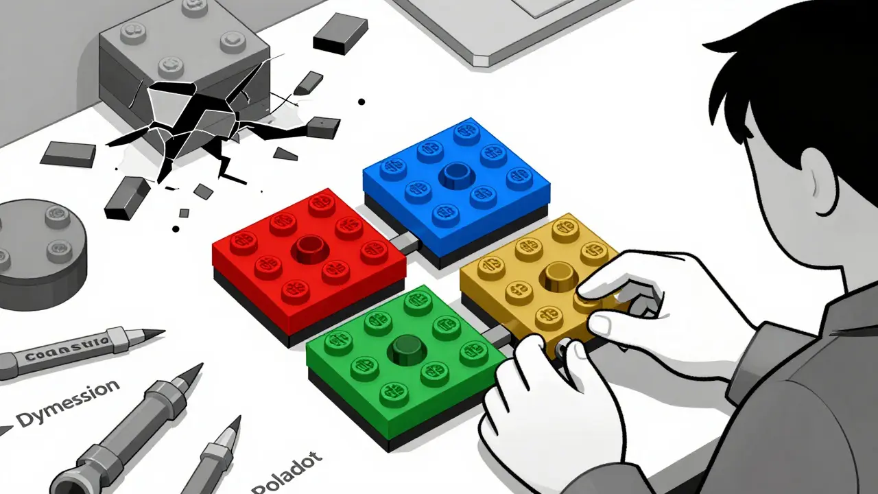 Desarrollador ensamblando módulos de blockchain como piezas de LEGO.