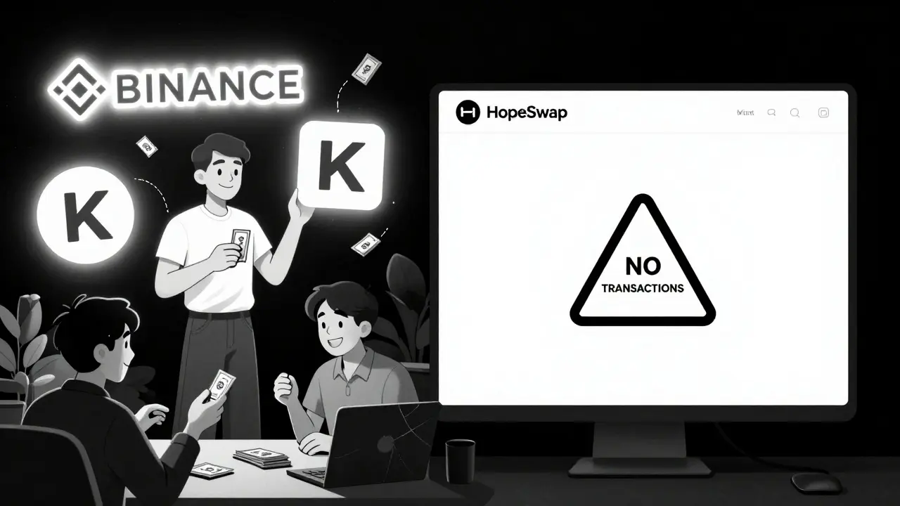 Escena dividida: intercambios seguros a la izquierda, HopeSwap vacío y roto a la derecha.