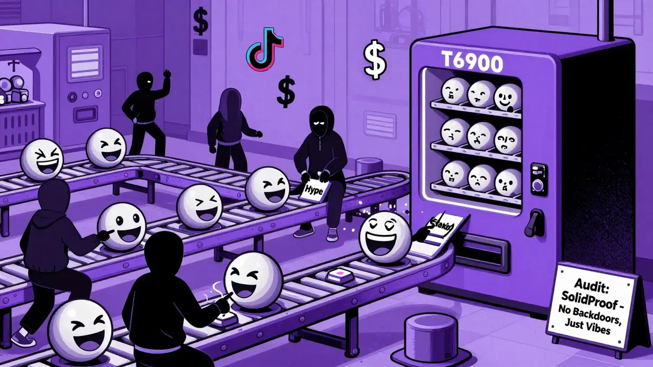 Fábrica de memes que produce tokens T6900, con un equipo misterioso operando máquinas de hype.