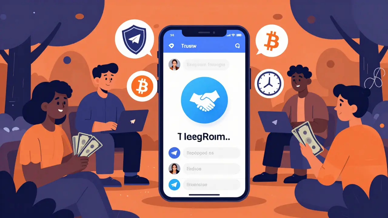 Grupo de jóvenes se reúnen en un parque, rodeados de íconos de confianza y seguridad en criptomonedas.