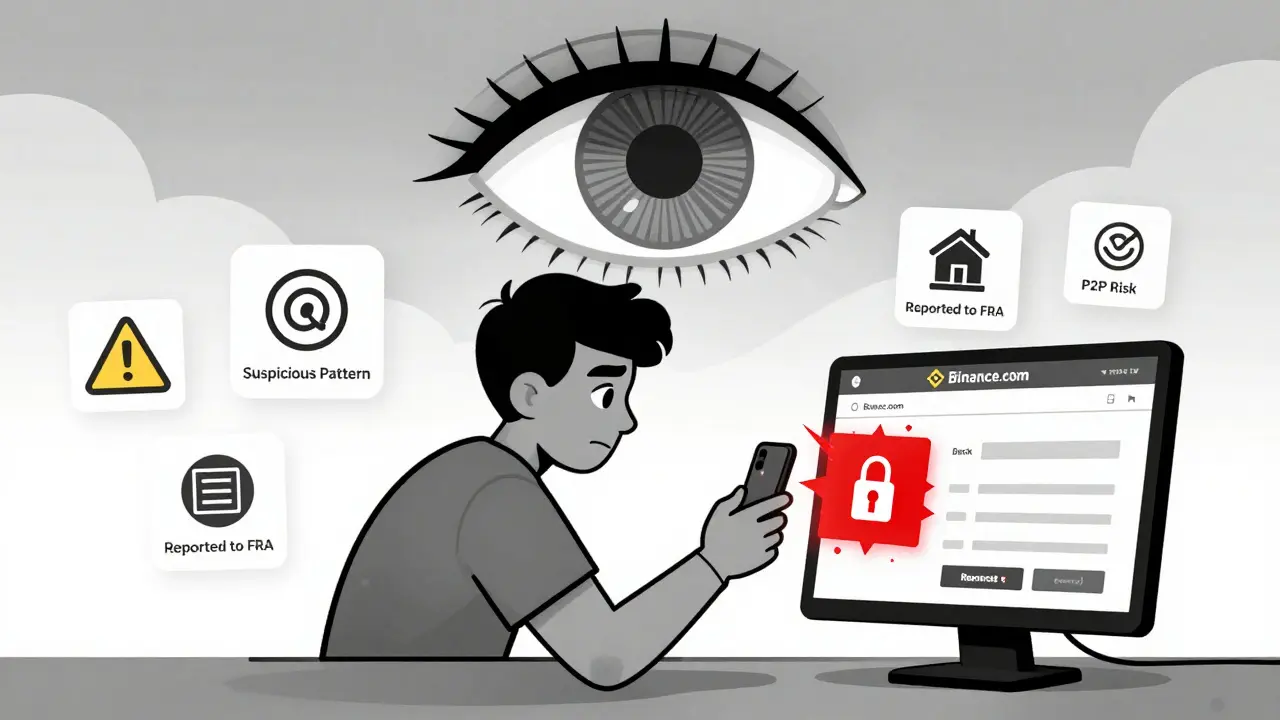 Hombre envía pago a exchange mientras un ojo bancario lo vigila y su cuenta se cierra.