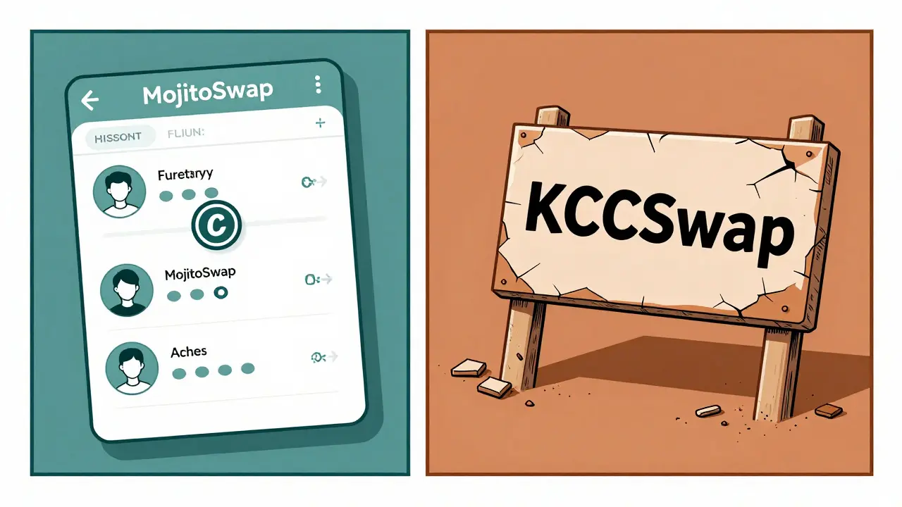 Interfaz real de MojitoSwap con usuarios activos frente a un letrero roto de KCCSwap, mostrando la diferencia entre proyecto real y falso.