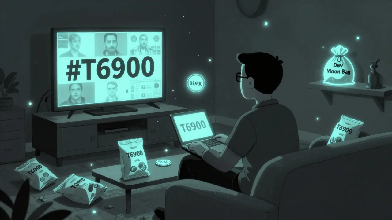 Inversor en el sofá stakando tokens T6900, con memes en la TV y una bolsa mágica de 6,900 tokens.