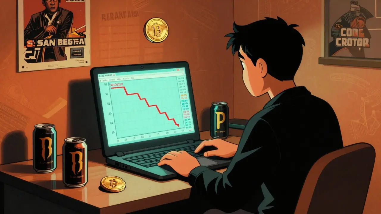Inversor mirando una gráfica de CJ cayendo en picado, con un póster de GTA al fondo en una habitación oscura.