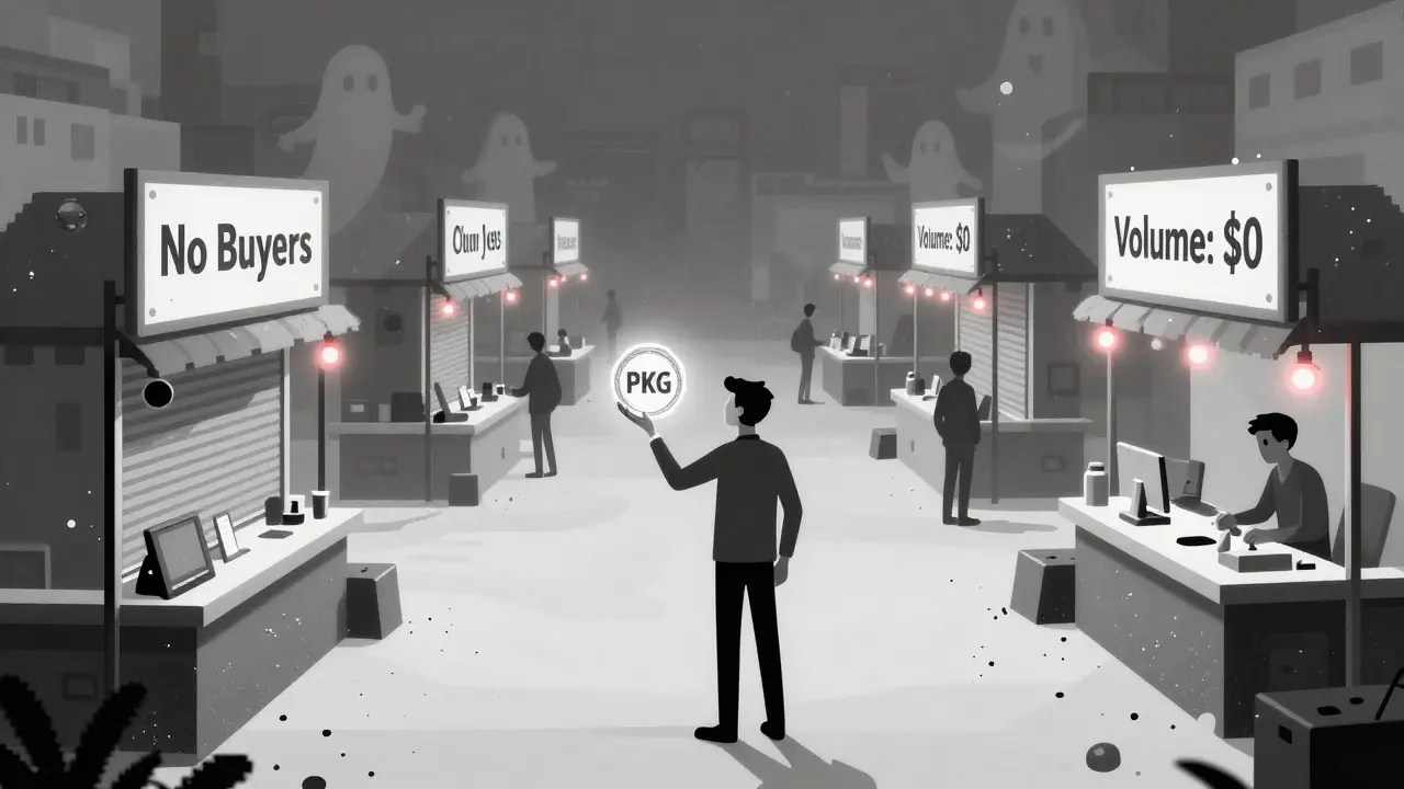 Inversor solitario en un mercado vacío sosteniendo un token PKG sin compradores.