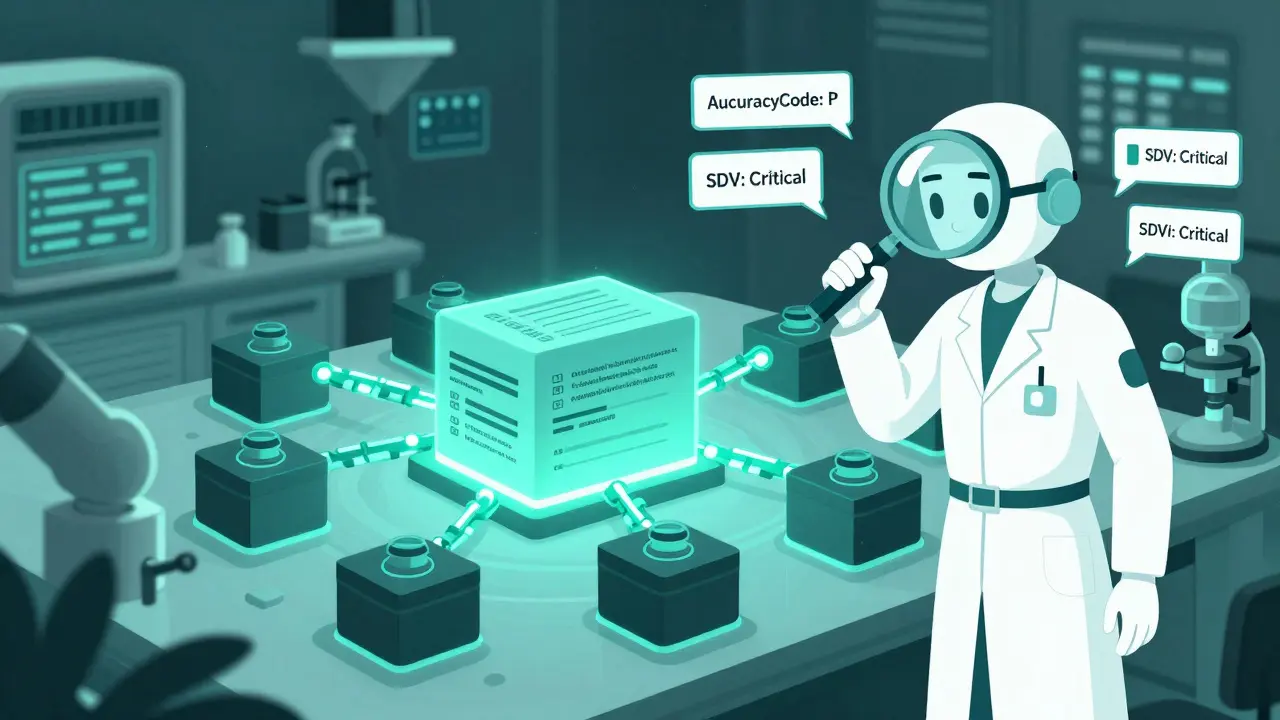 Laboratorio médico con cadenas de bloques inmutables validando datos de ensayos clínicos.