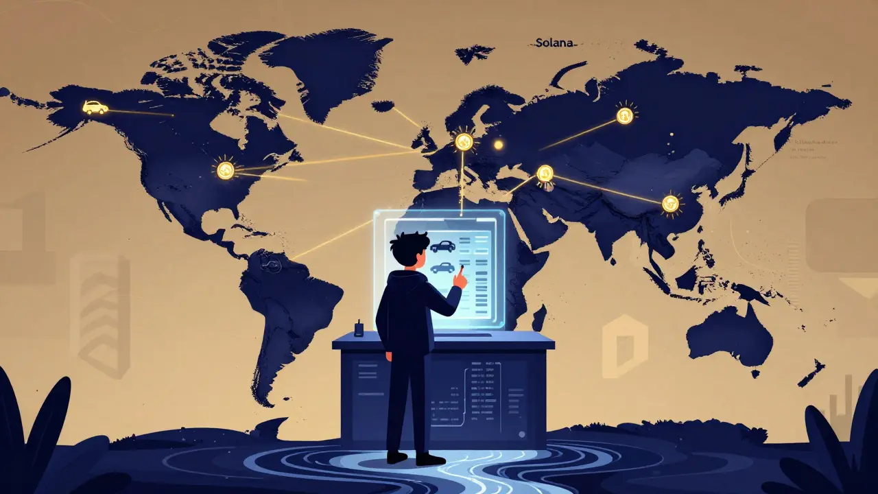 Mapa global conectado por tokens AUTOS mientras un usuario vota por nuevos vehículos en una interfaz blockchain.