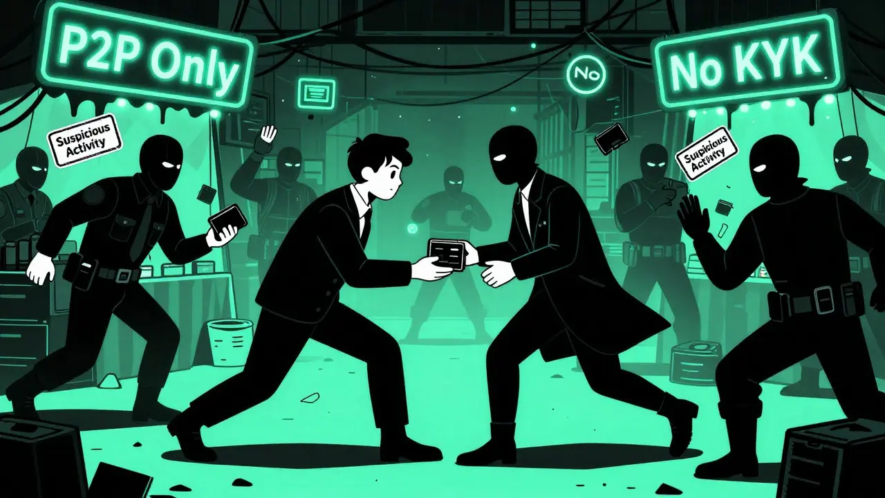 Mercado negro de criptomonedas en Rusia con intercambios P2P y perseguidores bancarios.