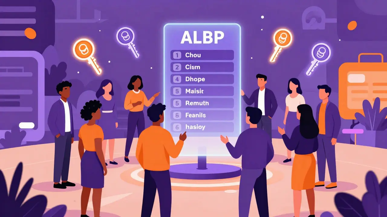 Miembros de la comunidad con avatares interactuando frente a un tablero ALBP holográfico.