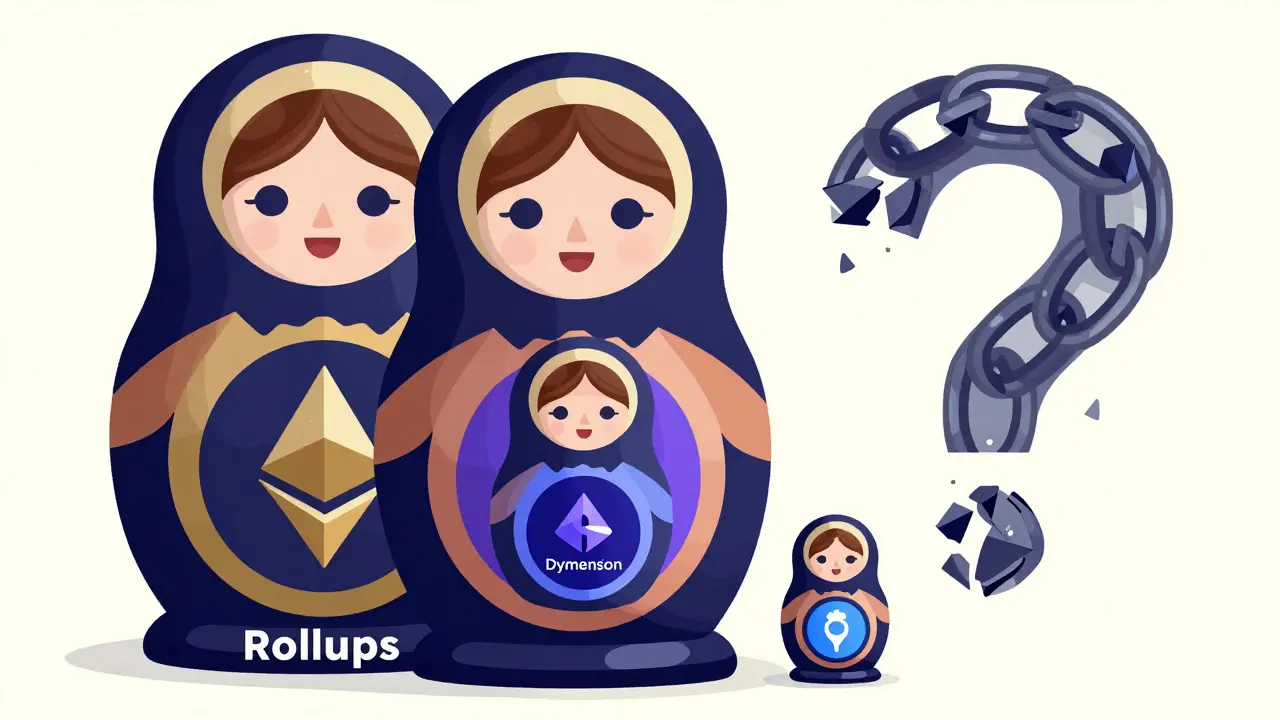 Muñecas rusas de rollups anidadas, desde Ethereum hasta una app de juegos, con cadenas desmoronándose al fondo.
