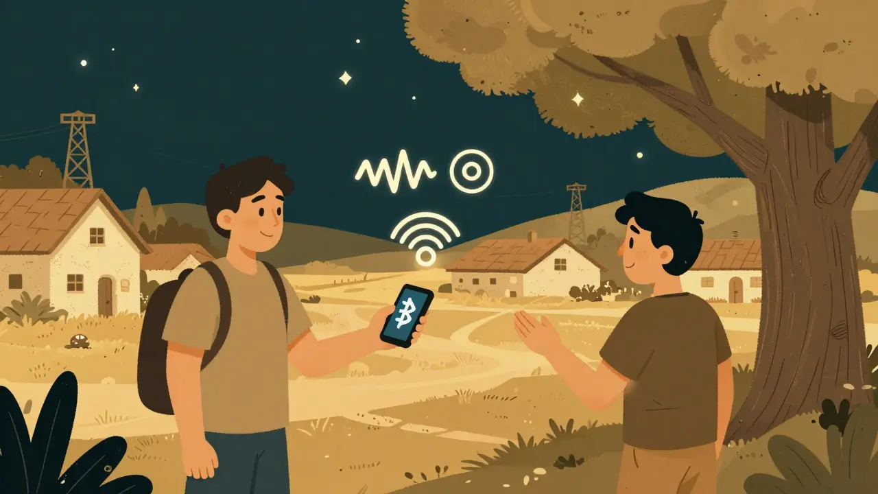 Persona envía criptomoneda sin internet mediante Bluetooth en un pueblo rural al atardecer.
