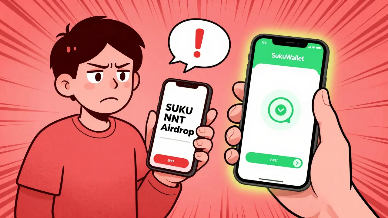 Persona frente a un mensaje falso de airdrop de NFTs, mientras una app real muestra una transacción segura.