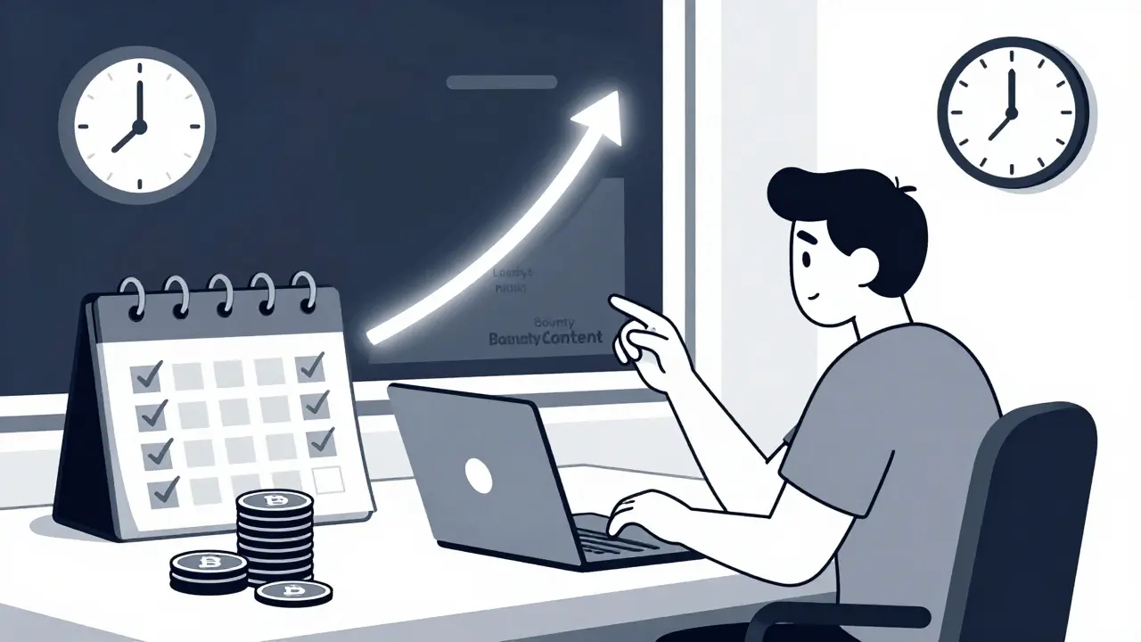 Persona trabajando pacientemente en tareas de airdrop farming con calendario y tokens, bajo la luz de la medianoche.