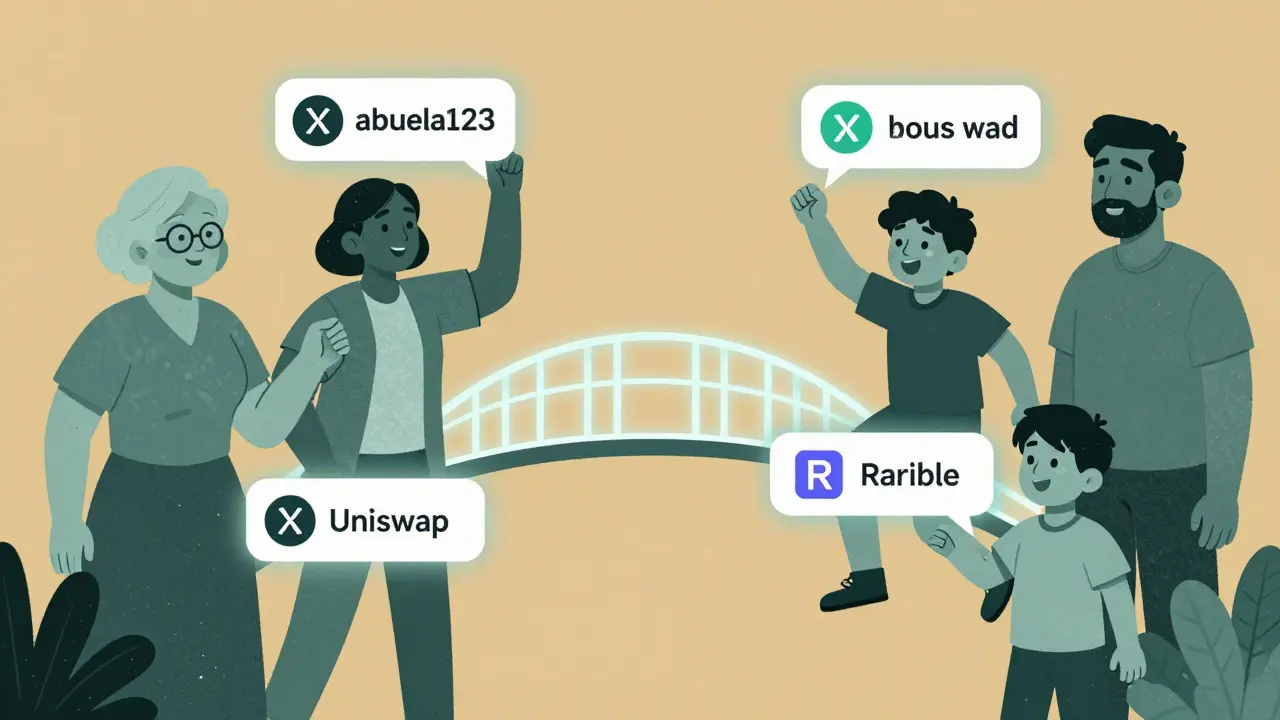 Personas de distintas edades enviando cripto fácilmente con sus nombres de usuario, conectadas a apps descentralizadas.