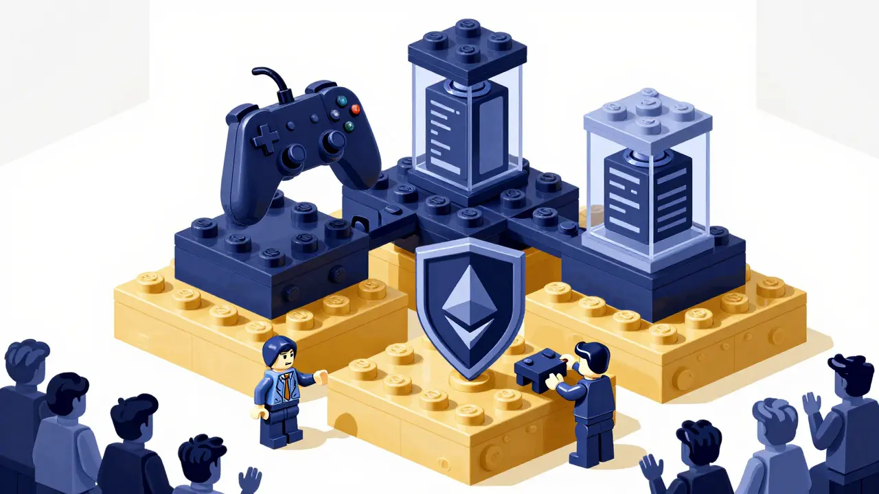 Piezas de Lego de blockchain ensambladas en capas, con Ethereum como base y desarrolladores colocando la última pieza.