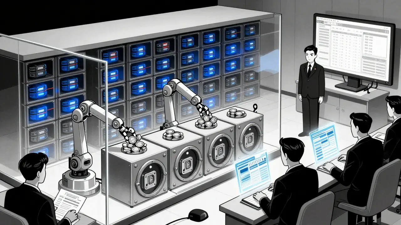 Piso de intercambio japonés con billeteras en frío y reguladores revisando auditorías digitales en un estilo duotono.