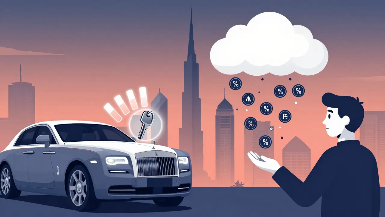 Propiedad fraccionada de un Rolls-Royce con ingresos pasivos en forma de tokens AUTOS cayendo como lluvia.