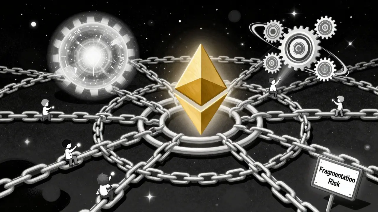 Red de cadenas interconectadas con Ethereum como núcleo y Celestia como nebulosa.