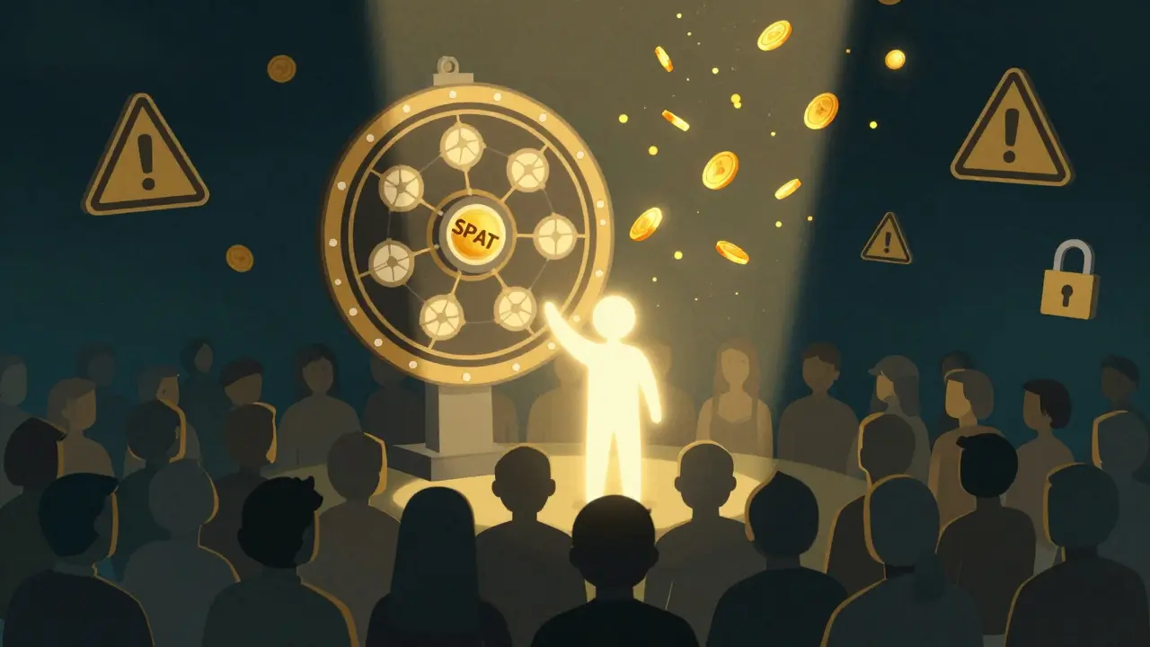 Rueda de lotería blockchain con 980 siluetas, un ganador iluminado y tokens SPAT cayendo.