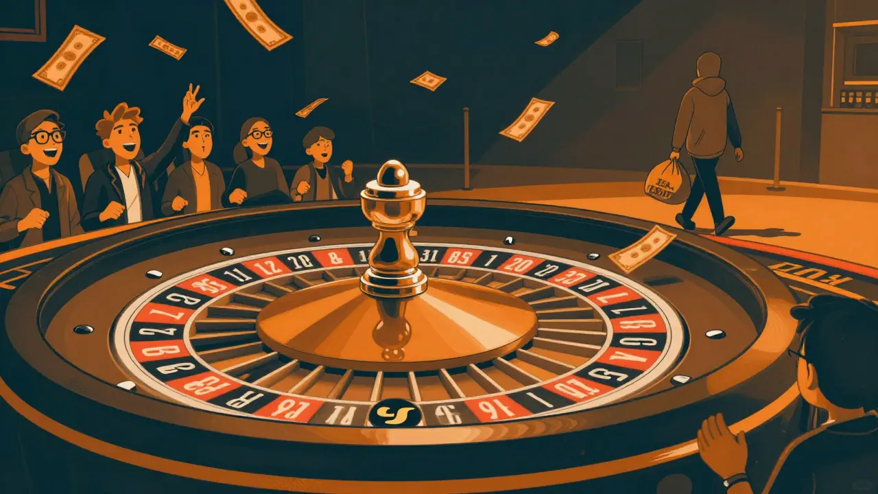 Ruleta de casino con el logo de CJ girando, mientras un personaje se aleja con dinero, estilo de caricatura en duotono.