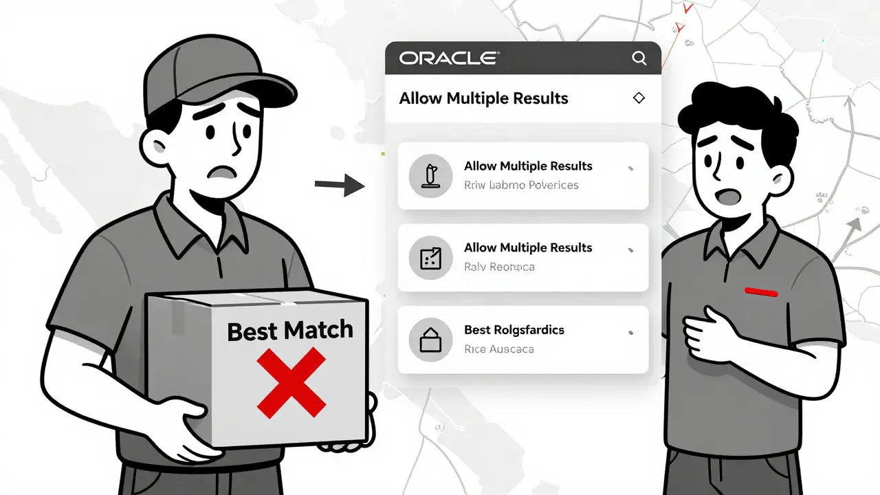 Trabajador de logística comparando opciones de dirección en sistema Oracle con múltiples resultados.