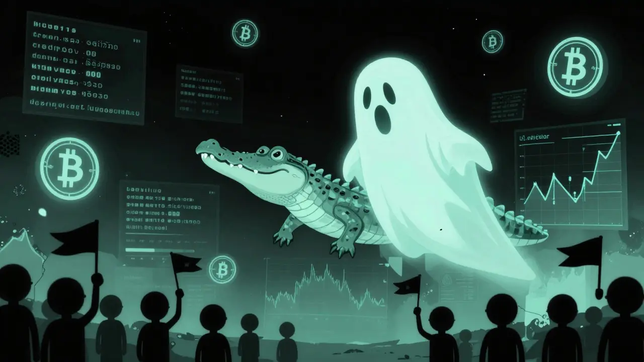 Un cocodrilo fantasma flota en un espacio digital lleno de gráficos de precios muertos y direcciones blockchain desvanecidas.