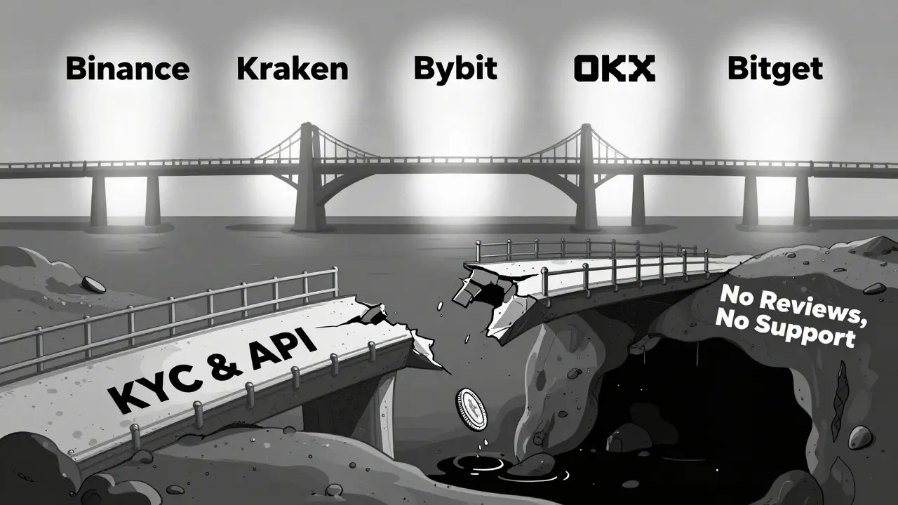 Un puente roto lleva a una cueva oscura mientras cinco alternativas seguras brillan en el fondo.