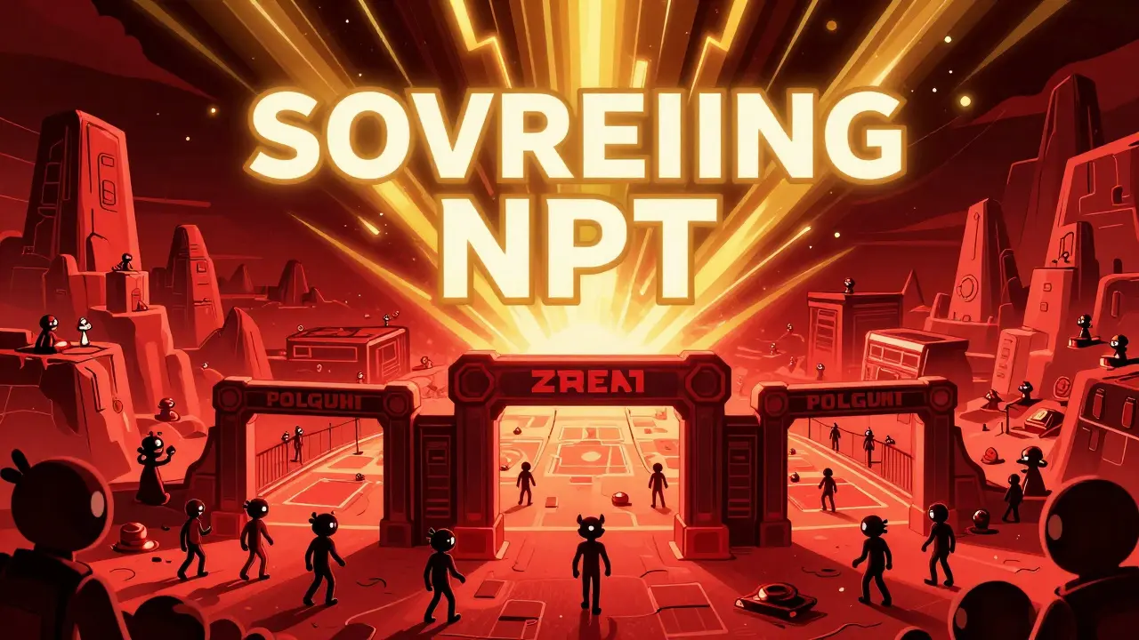 Un Sovereign emitiendo energía sobre un paisaje del metaverso, mientras Polqueen acceden a áreas restringidas.