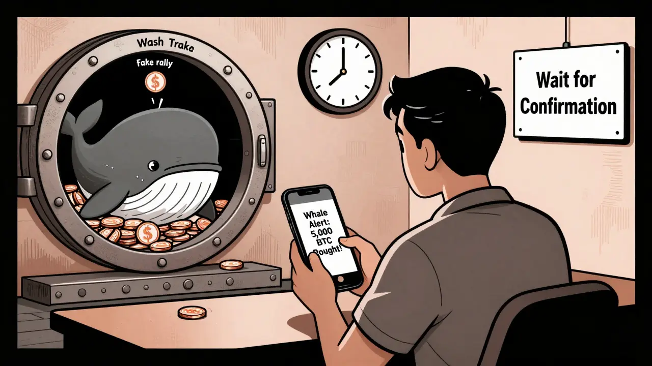 Un trader mira una alerta de whale mientras una ballena oculta vende en secreto, creando una falsa subida.