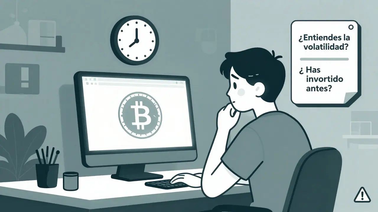 Una persona joven reflexionando frente a una pantalla de cripto, con un reloj de 24 horas y preguntas de verificación flotando cerca.