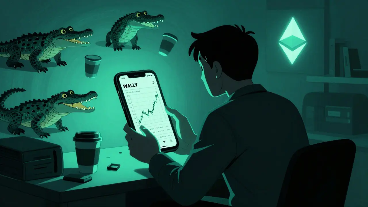 Una persona mira una pantalla con el precio de WALLY, rodeada de memes y símbolos de criptomonedas vacías en una habitación oscura.