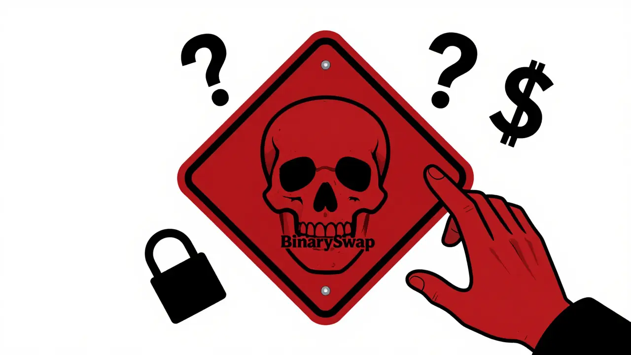 Una señal de advertencia con forma de calavera y 'BinarySwap' rodeada de interrogantes y monedas desapareciendo.