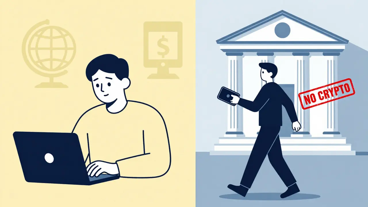 Usuario accediendo a un broker internacional desde casa mientras pasa junto a un banco que prohíbe cripto.