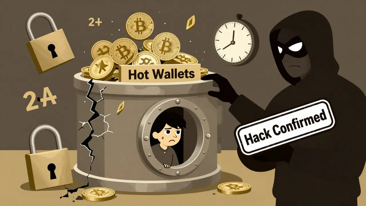 Bóveda sobrecargada de tokens con candados rotos y sombra de hacker, estilo duotono.