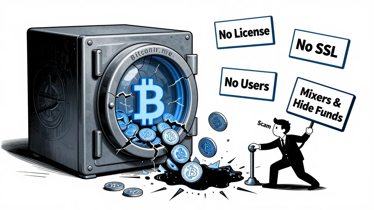 Caja digital que se desmorona, lanzando Bitcoins a un agujero negro mientras un estafador activa un mecanismo oculto.