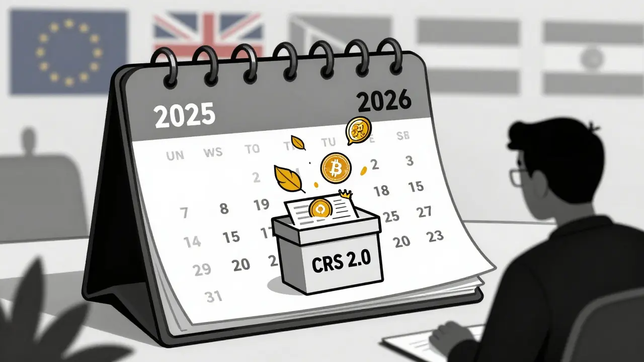Calendario pasando de 2025 a 2026 con criptoactivos cayendo en una caja de declaración fiscal CRS 2.0.