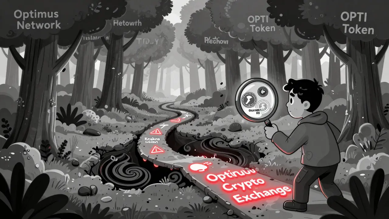 Camino ilusorio hacia un intercambio falso en un bosque de proyectos cripto, con señales de advertencia y intercambios reales visibles.