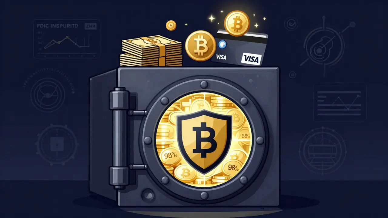 Cofre seguro con criptomonedas frías, respaldado por seguro FDIC y tarjeta de cashback en cripto.