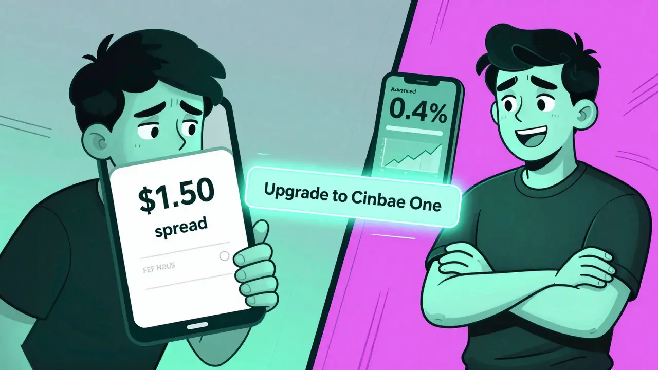 Comparación visual entre tarifas altas en Coinbase básica y tarifas bajas en la versión avanzada.