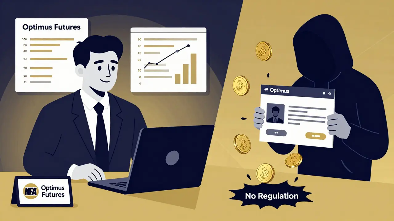 Contraste entre un bróker regulado de futuros y un estafador creando un sitio falso, en estilo duotono negro y dorado.