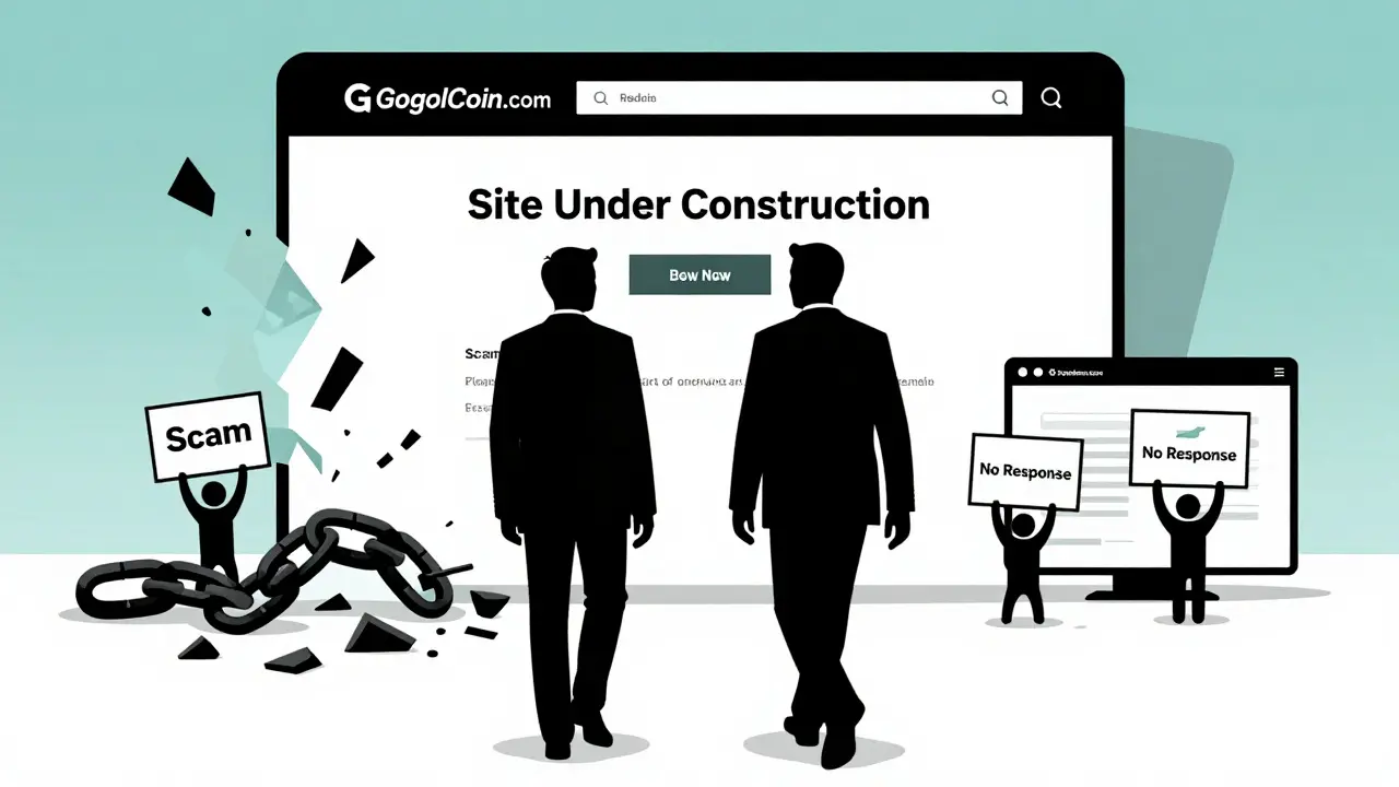 Dos figuras se alejan de un sitio web muerto mientras usuarios denuncian la estafa en pantallas.