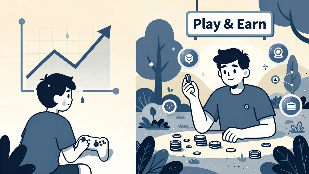 Escena dividida: jugador con gráfico de cripto en caída vs otro en un jardín digital con staking y DAO.