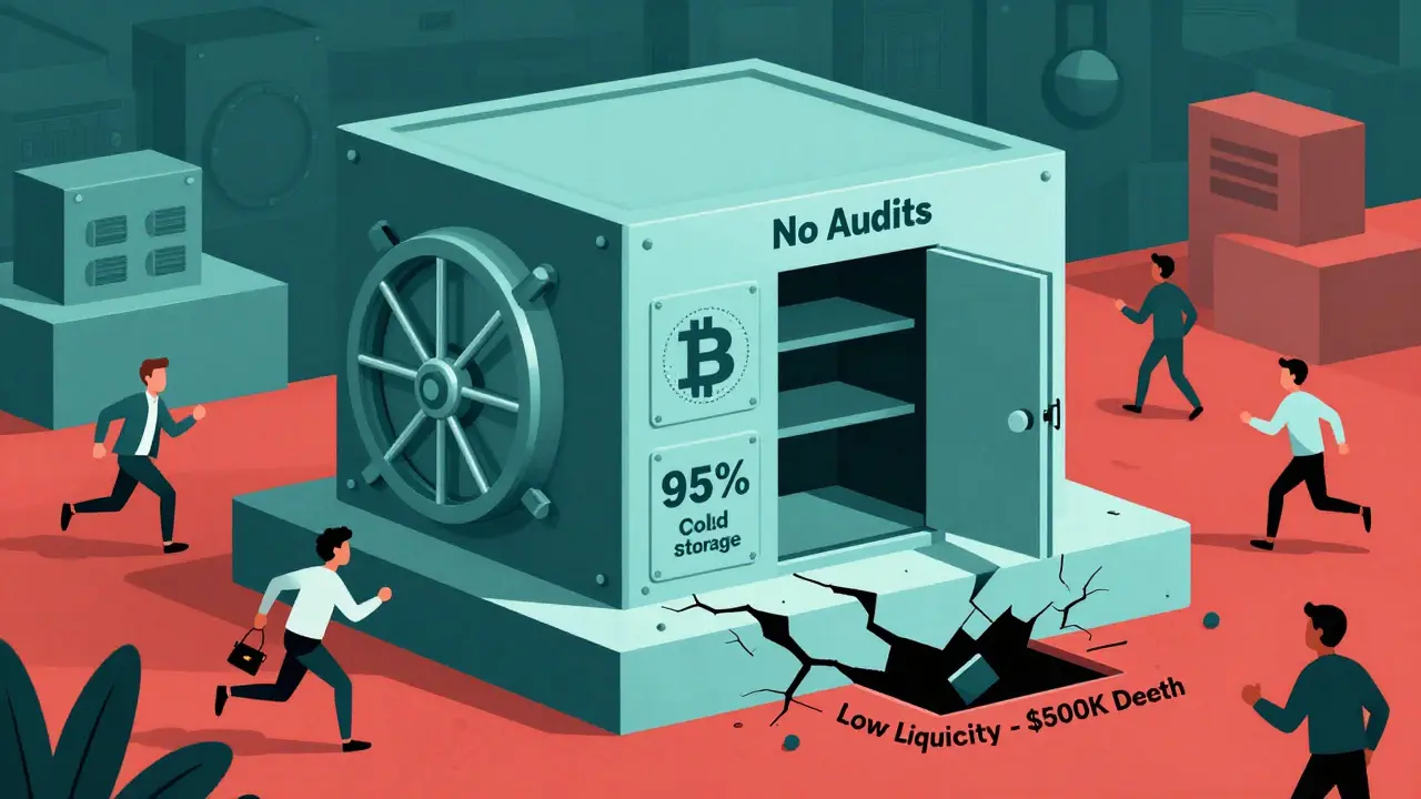 Exchange platform with cracked foundation, empty vaults, users falling into low liquidity pit.