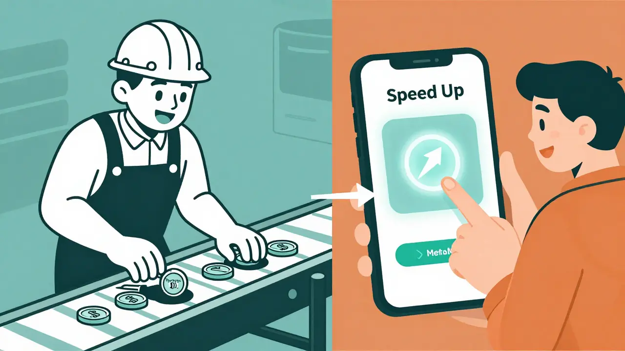 Minero recoge propinas y usuario acelera una transacción con una billetera digital.