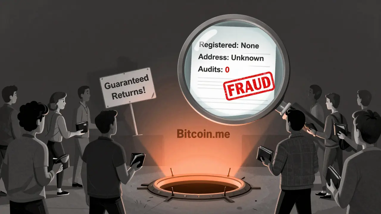 Multitud caminando hacia una trampa con señales de advertencia ocultas que revelan que Bitcoin.me no es legítimo.