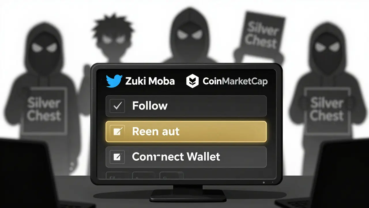 Panel digital con logos oficiales de Twitter y CoinMarketCap, mientras figuras de estafadores se desvanecen en sombras.