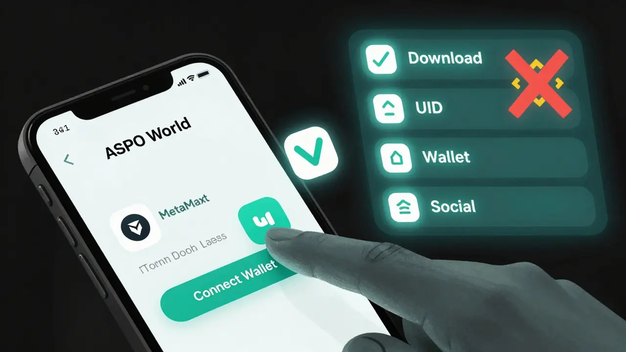 Pantalla de móvil mostrando la app ASPO World con botón de conexión a billetera y pasos del airdrop, excluyendo exchanges como Binance.